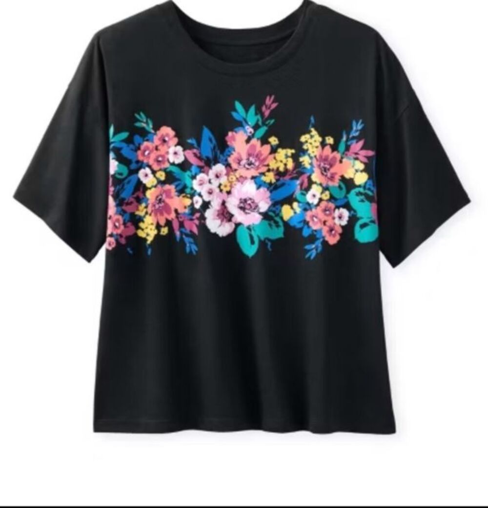 Woman Within Black Floral Knit Crew Neck T-Shirt 22/24 1X - 3X NWT bust 64